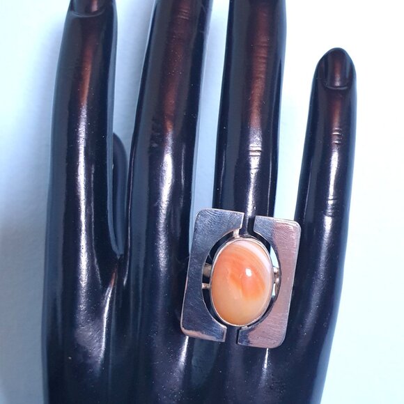 Unique Vintage European Modernist Apricot Carnelian Agate .800 Silver Ring - Picture 7 of 12